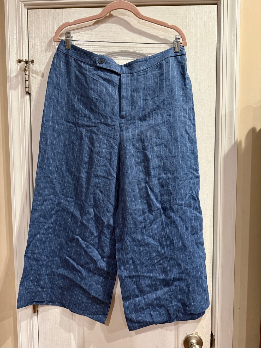 Vintage Lauren Ralph Lauren blue linen WomenPinstripe Denim-Style Wide Leg Pants